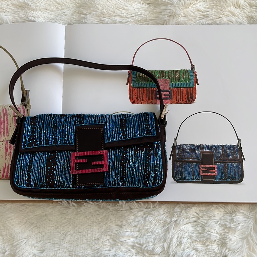 FENDI Brown Blue Beaded Pink Crocadile Baguette - Picture 5 of 6